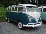 Beautifully restored VW 21 Window samba bus painted stock sea blue on the bottom half