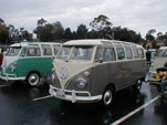 Vintage VW 21-window deluxe samba bus painted gray on the lower half