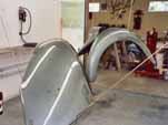 Photo of the newly painted 1954 VW convertible rear fenders during the restoration