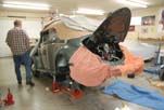 Installing the rebuilt engine in the 1954 Volkswagen convertible