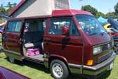 Volkswagen Vanagon original paint color sample of Bordeaux Red Metallic #LC3Y, sales code 9082